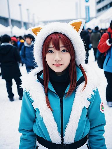 Woman in Uraraka Winter Costume Cosplay at Festival – Photorealistic Photo