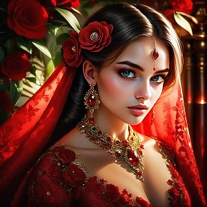 Elegant Woman in Red Outfit with Floral Motifs