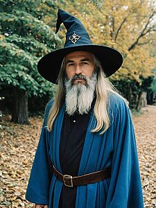 Realistic Wizard Man Costume in Autumn Forest