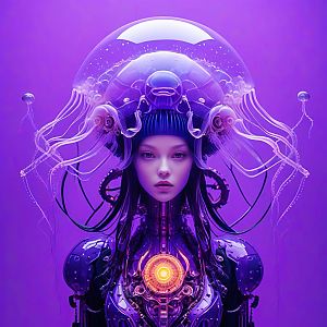 Futuristic Woman with Biomechanical Elements and Jellyfish Helmet