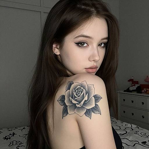 Young Woman with Black and Gray Rose Tattoo on Shoulder