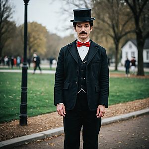Man in Vintage Black Suit with Bow Tie in Park