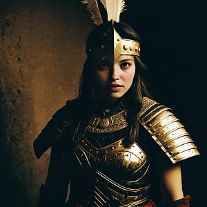Young Woman in Ornate Golden Armor with Feathered Helmet