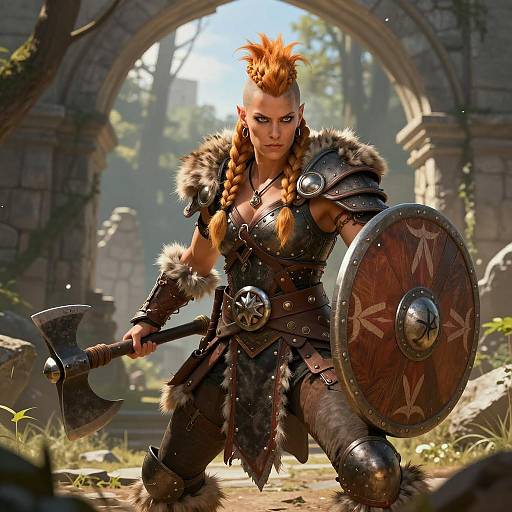 Fierce Woman Warrior with Mohawk Holding Axe and Shield in Medieval Setting