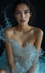 Portrait of Woman in Water Splash with Dark Background