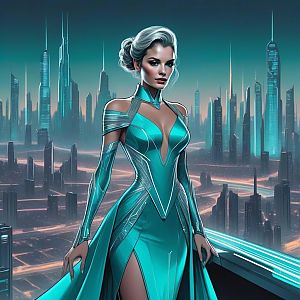 Confident Woman in Futuristic Balcony Overlooking Neon City