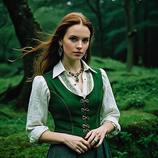 Woman in Vintage Green Vest and Jewelry in Lush Forest