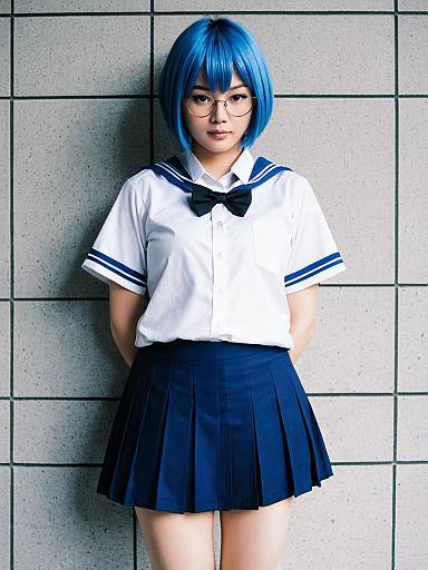 Young Woman in Blue Hair Japanese Schoolgirl Uniform Cosplay