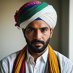 Man in Multi-Colored Turban and White Shirt