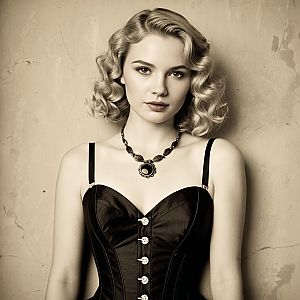 Vintage Portrait of Woman in Black Corset Dress with Retro Hairstyle