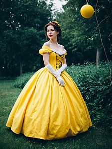 Woman in Yellow Belle Dress Cosplay Full Body Photo with Yellow Ball Gown