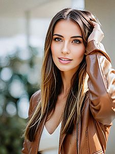 Confident Young Woman in Brown Leather Jacket