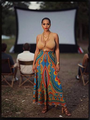 Woman Wearing Vibrant Patterned Maxi Skirt and Tan Halter Crop Top Outdoors