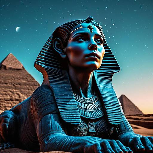 Photorealistic Female Sphinx Statue with Egyptian Pyramids at Twilight