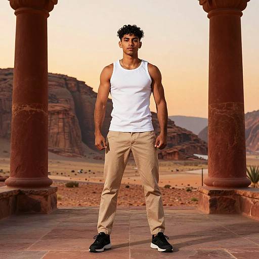 Young Man Standing Confidently in Desert Landscape at Sunset