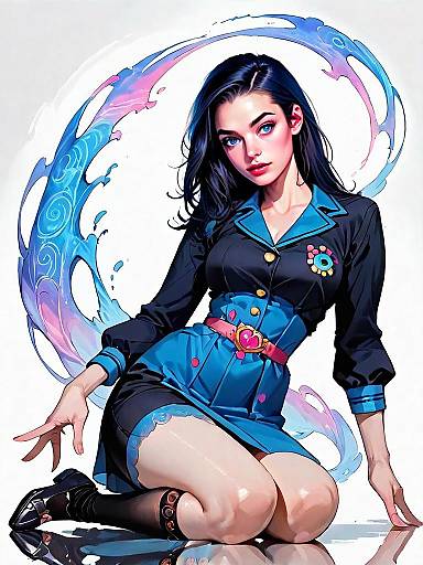 Realistic Comic Style Woman in Blue Business Outfit with Energy Swirls