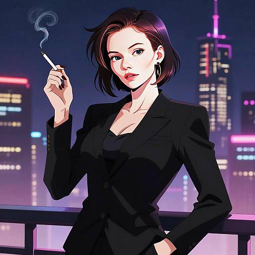 Stylish Young Woman Smoking Cigarette in Neon City Night - Modern Anime Art