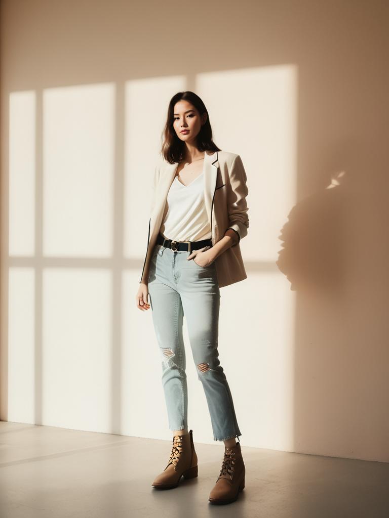 Woman in Contemporary Casual White Blazer with Black Grid Pattern and Light Distressed Jeans