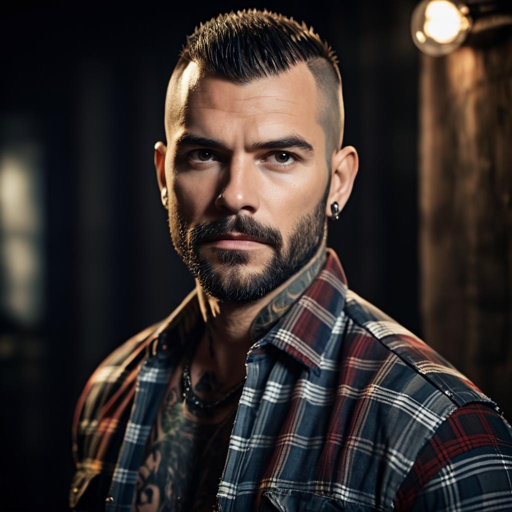 Tattooed Man in Flannel Shirt