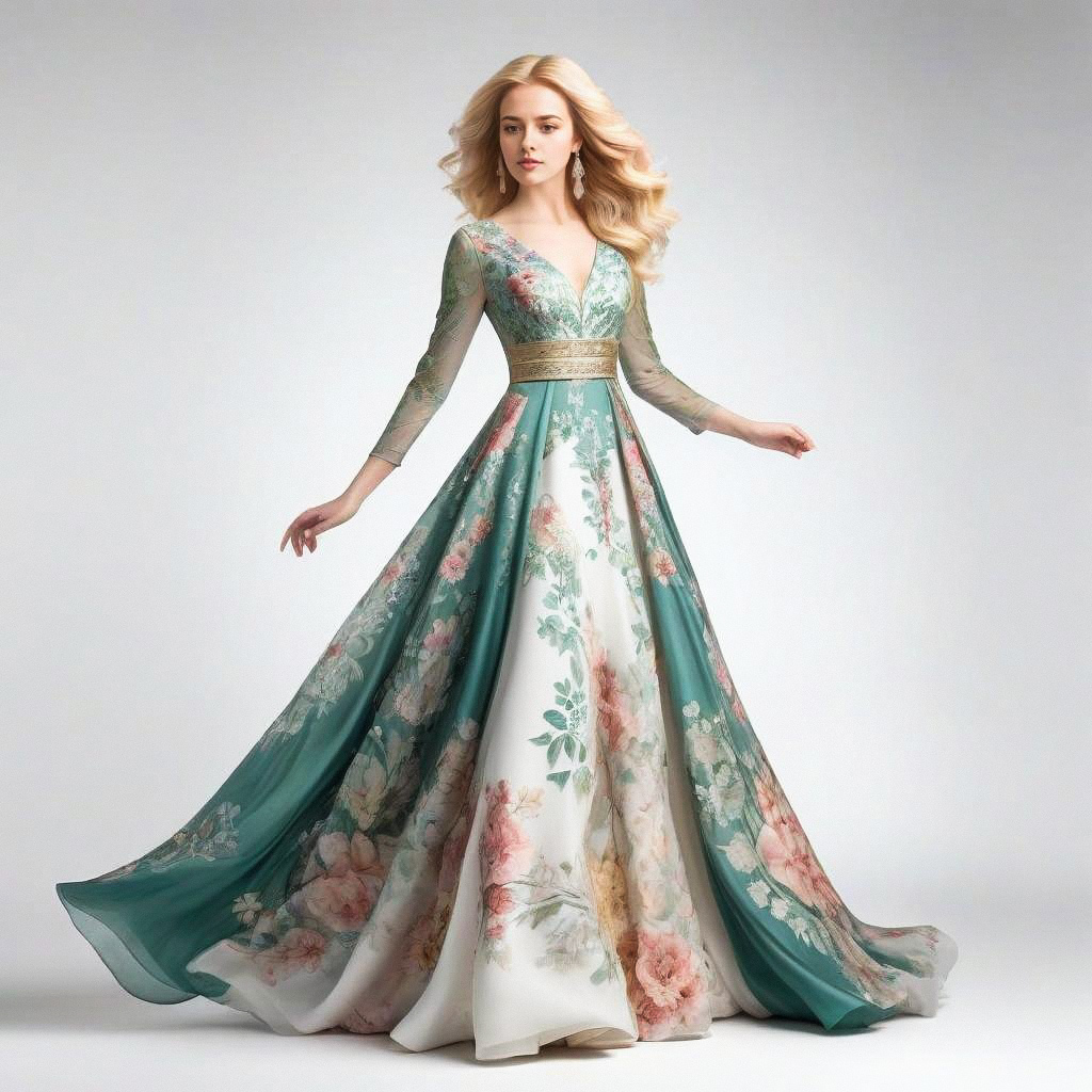 Elegant Woman in Floral Teal Gown