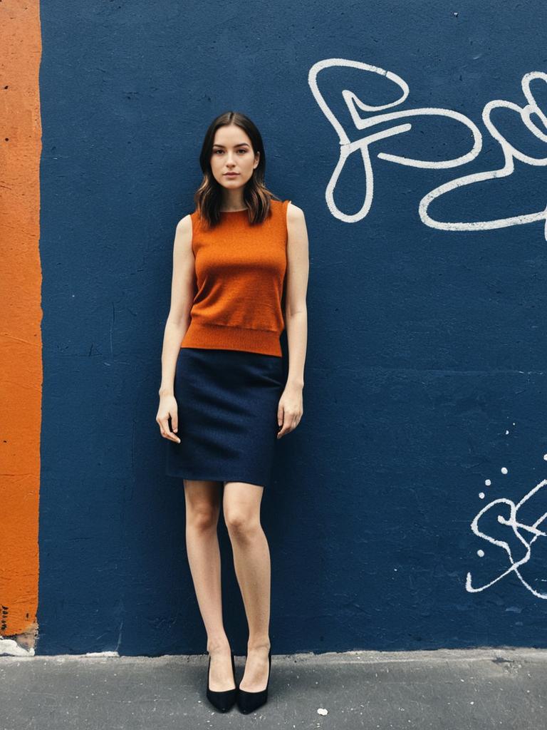 Modern Woman in Orange and Navy Outfit Against Urban Graffiti Wall Modern Woman in Orange and Navy Outfit Against Urban Graffiti Wall