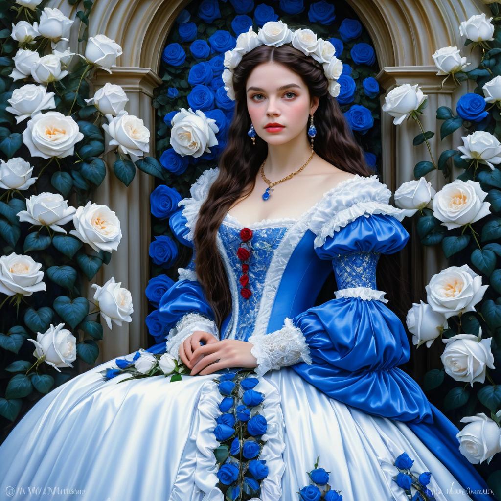 Woman in Blue and White Gown Surrounded by Floral Backdrop