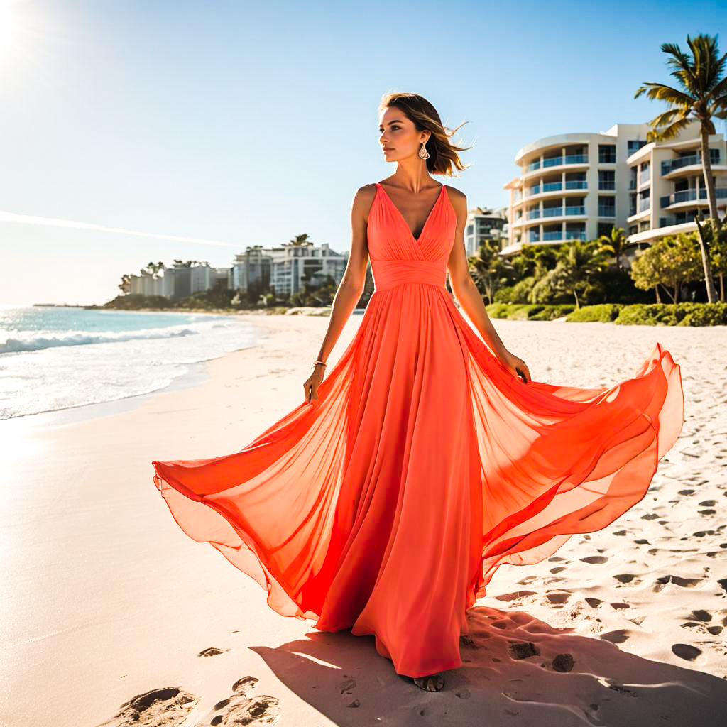 Woman in Coral Dress on Beach