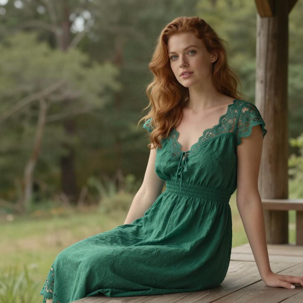 Graceful Red-Haired Woman in Green Lace Dress Outdoors