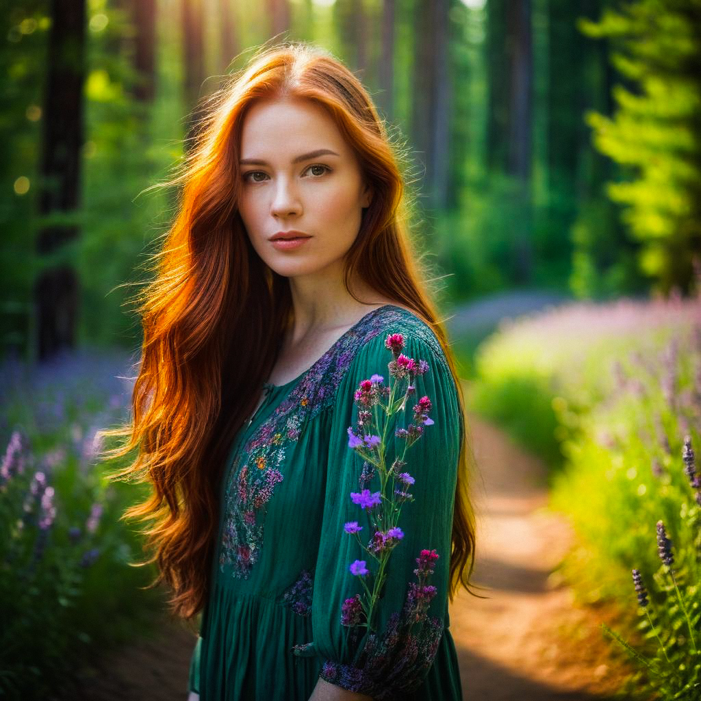 Young Woman in Emerald Dress in Sunlit Woodland
