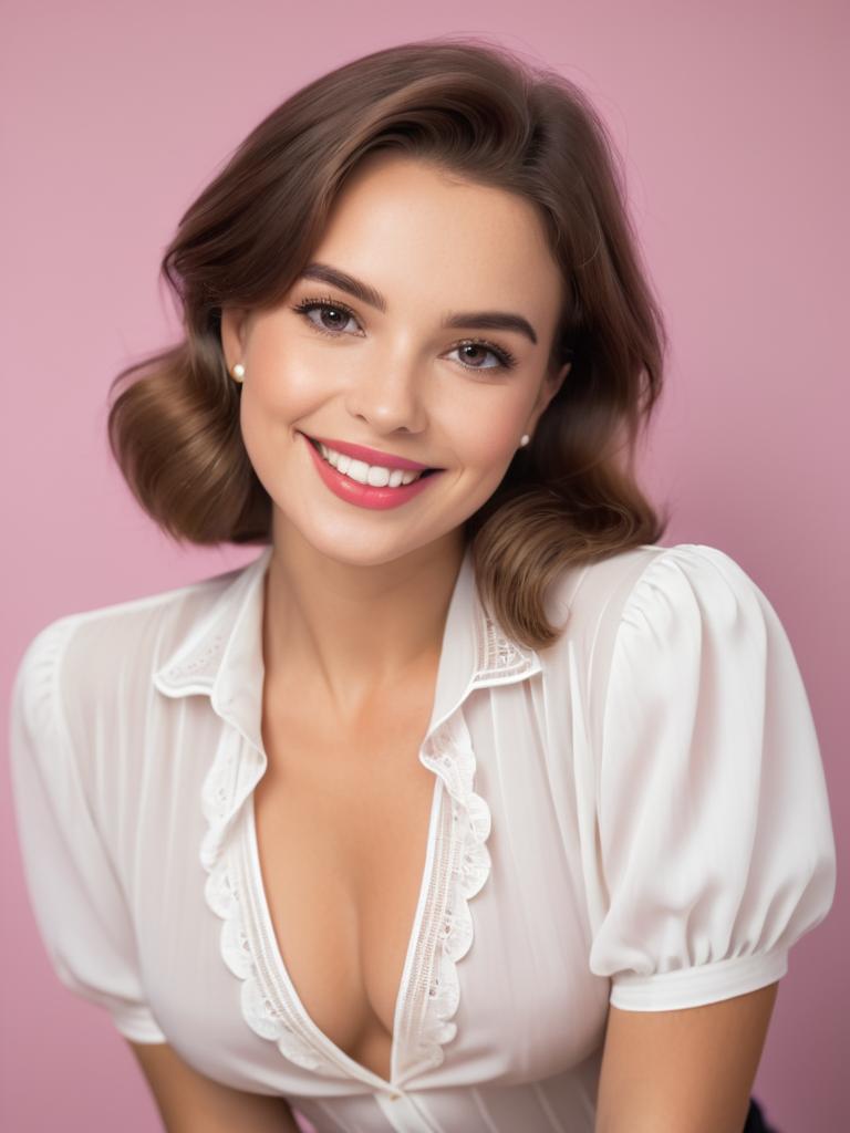 Woman with Radiant Smile in Vintage Blouse Against Pink Background