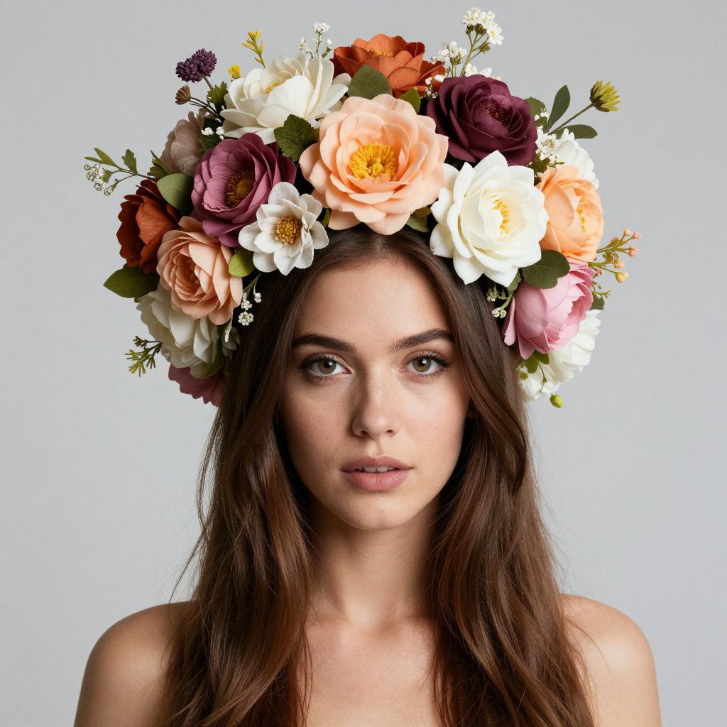 Young Woman Wearing Floral Crown Portrait with Multicolor Flowers