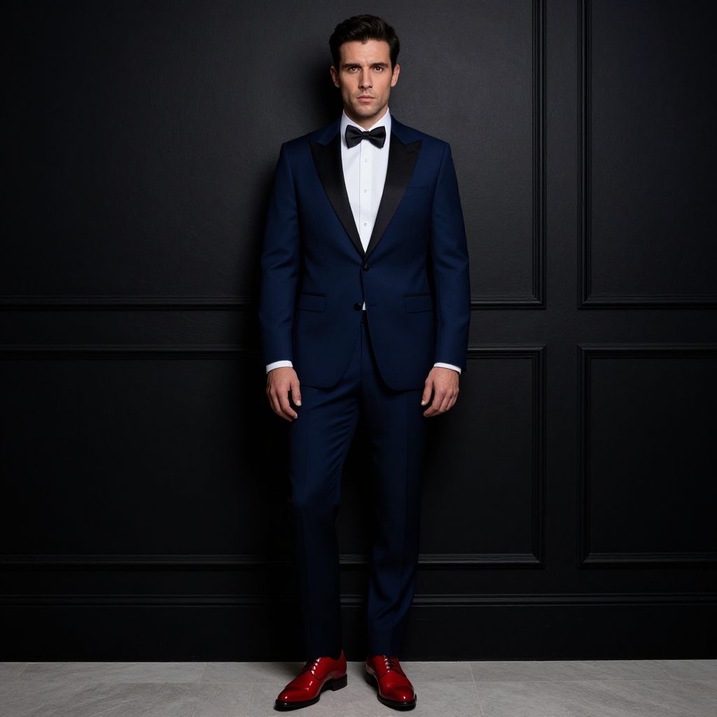 Elegant Man in Navy Blue Tuxedo and Red Dress Shoes Against Black Wall