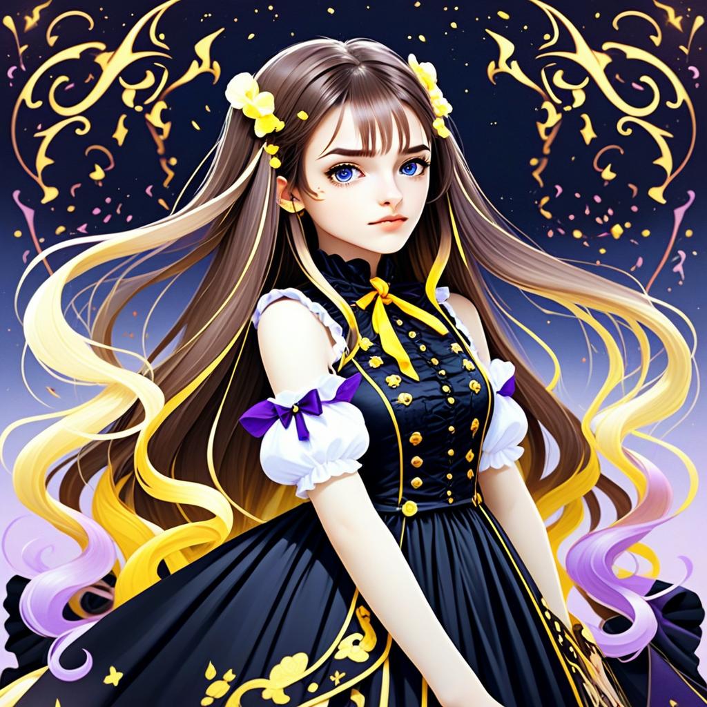 Anime Artwork of Young Woman with Flowing Multicolored Hair in Elegant Black Dress