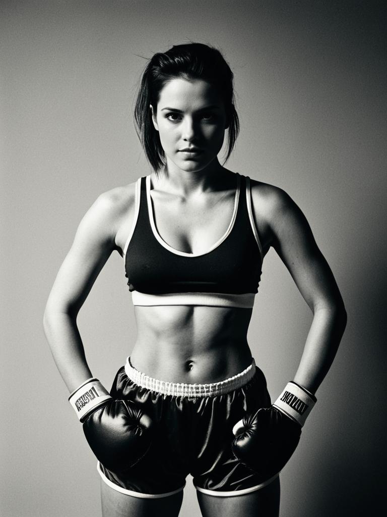 Woman in Female Boxer Costume Waist Up Editorial Portrait Black and White