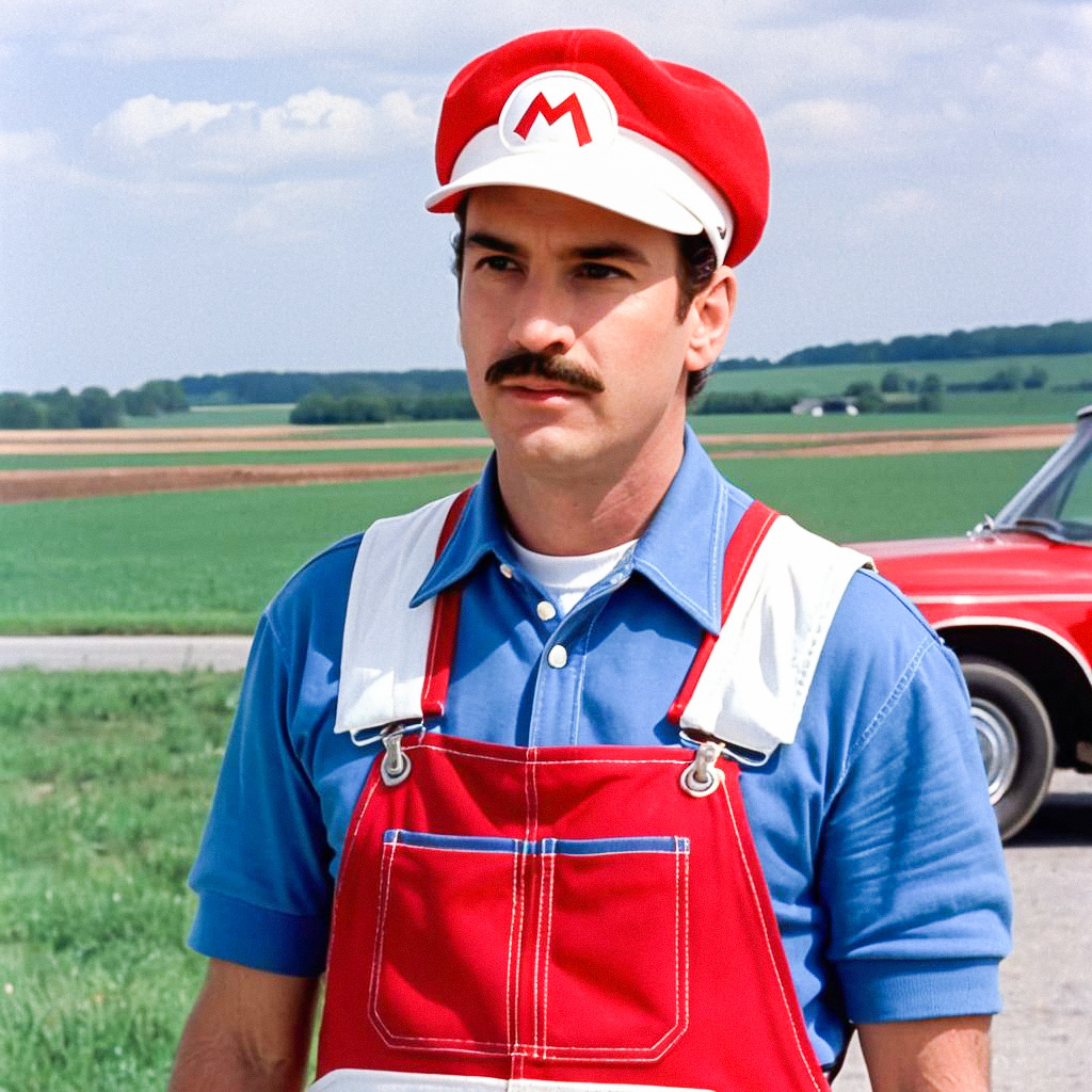 Man in Red Overalls in Green Fields Man in Red Overalls in Green Fields