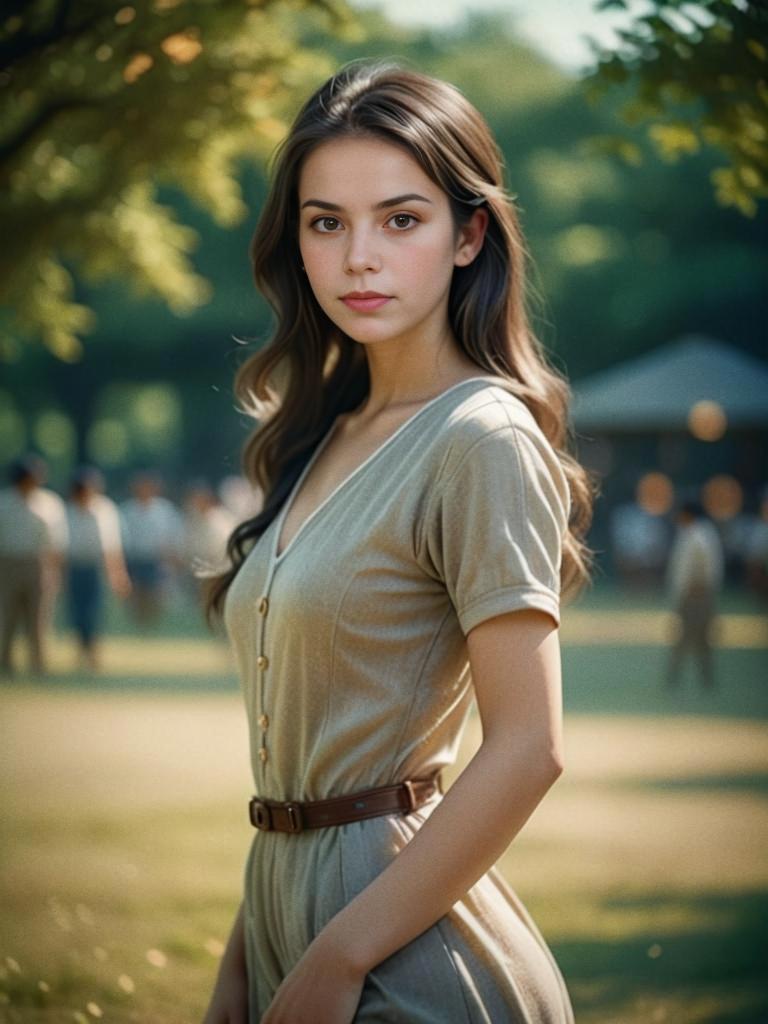 Serene Young Woman in Neutral Outfit in Park