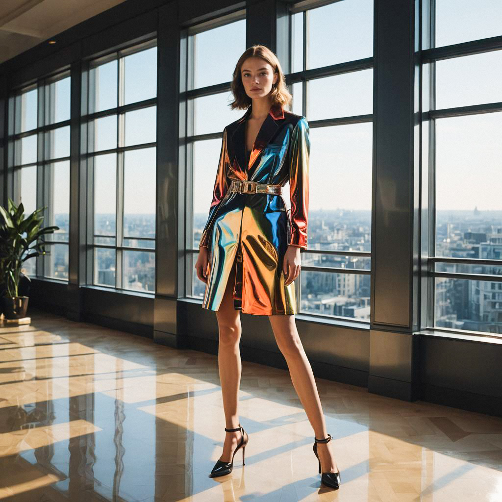 Confident Woman in Metallic Coat Dress at Modern High-Rise Confident Woman in Metallic Coat Dress at Modern High-Rise