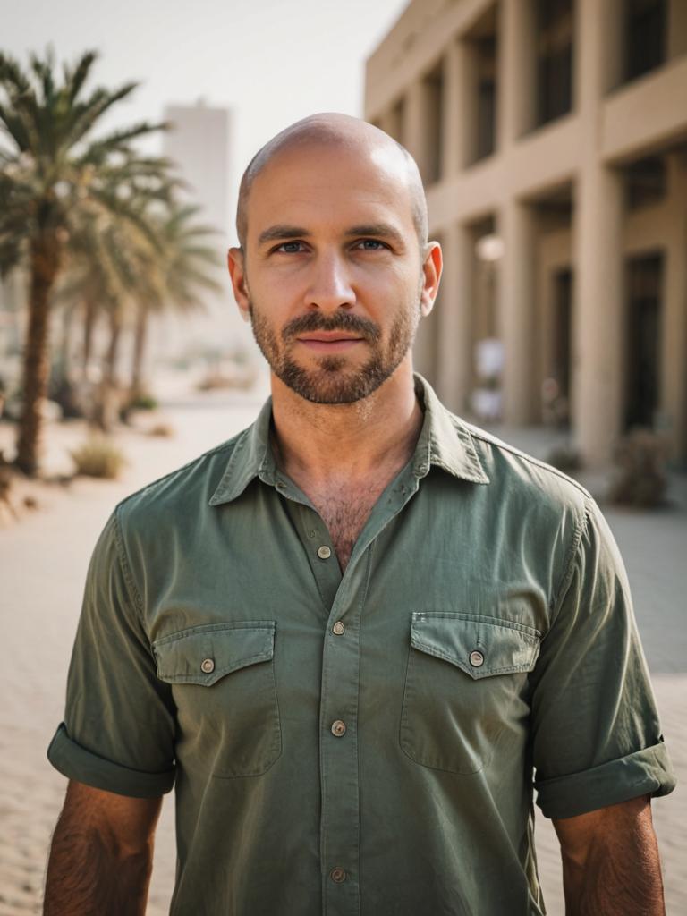 Man in Green Shirt Outdoors with Palm Trees