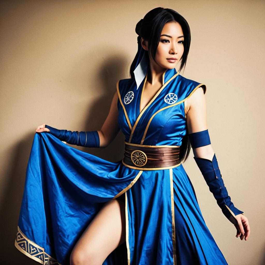 Woman in Detailed Blue Warrior Cosplay Costume Posing