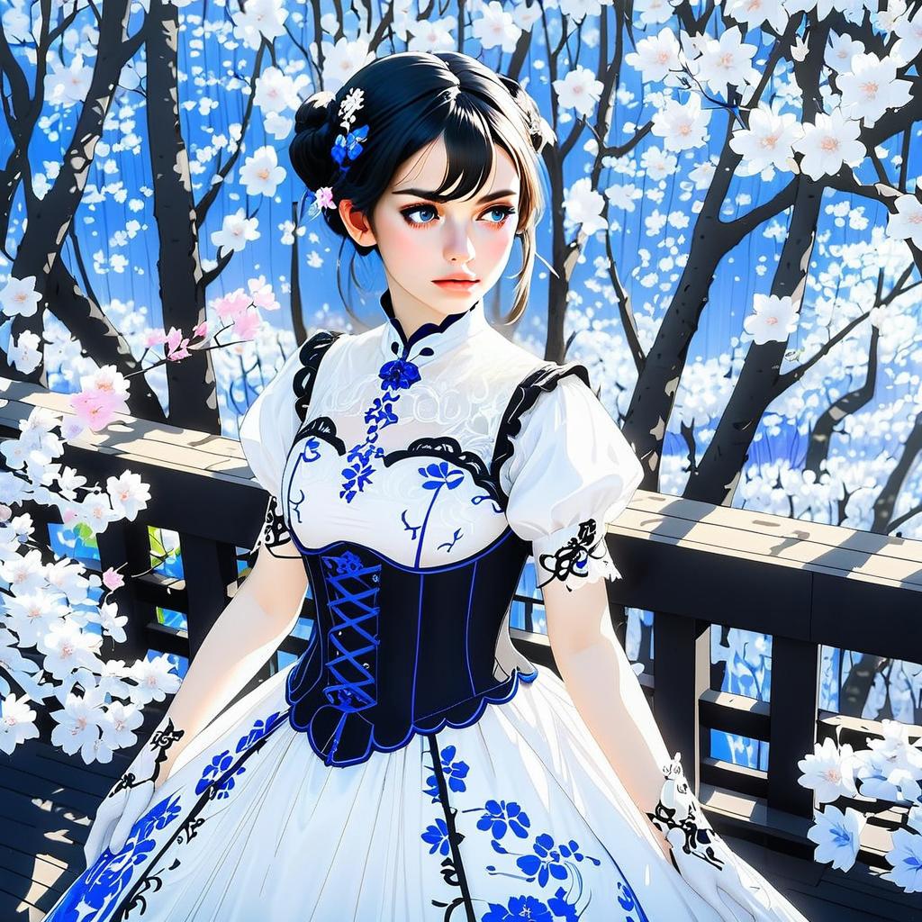 Elegant Woman in Floral Gown by Cherry Blossoms Elegant Woman in Floral Gown by Cherry Blossoms