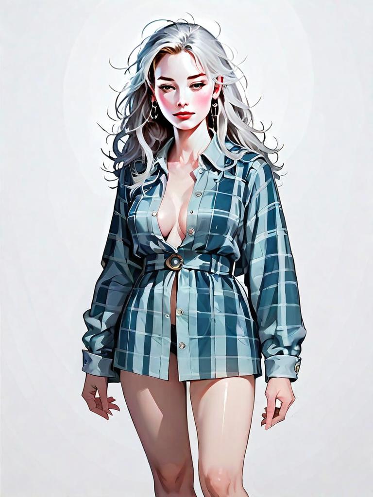 Realistic Digital Illustration of Woman in Blue Plaid Shirt Full Body Portrait