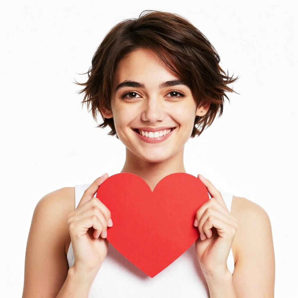 Happy Young Woman Holding Red Heart Symbol with Short Hair