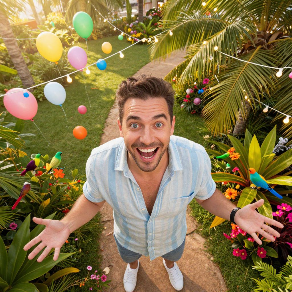 Happy Man Celebrating Outdoors with Balloons and Tropical Garden Decor