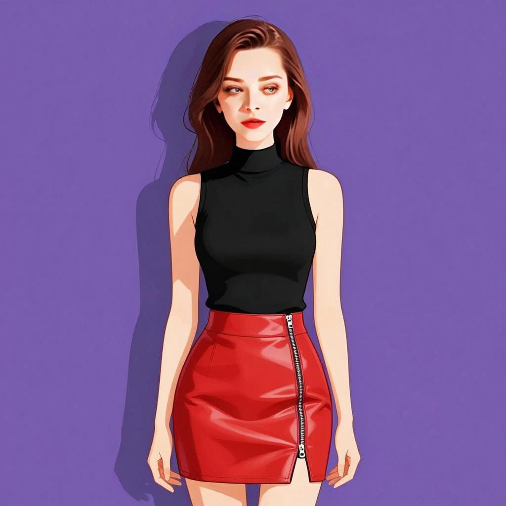 Woman with Pretty Face and Stylish Hair in Modern Chic Sleeveless Top and Red Leather Skirt