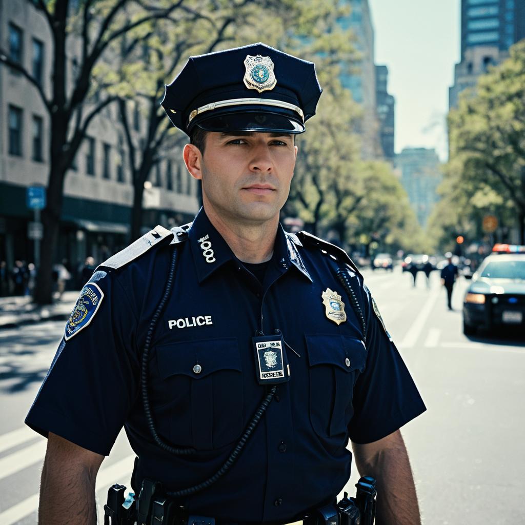 Realistic Portrait of Male Police Officer on City Street