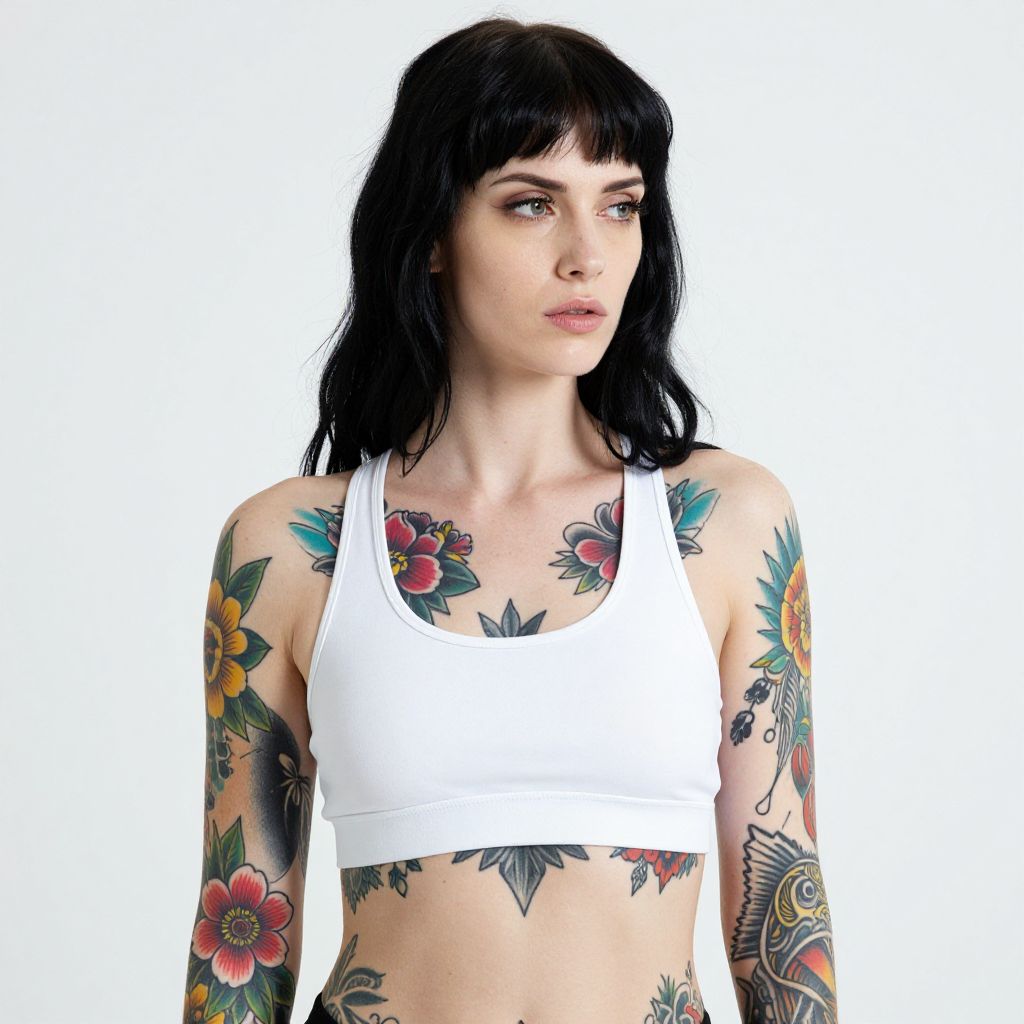 Young Woman with Colorful Tattoo Sleeve Wearing White Sports Bra