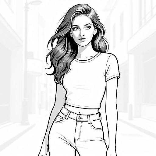 Stylish Gen Z Woman in Casual Outfit Black and White Digital Illustration
