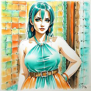 Confident Woman with Teal Hair in Modern Art