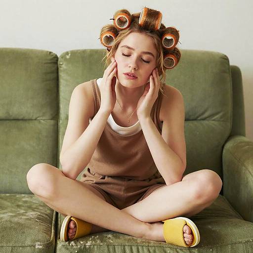 Young Woman Relaxing on Sofa with Hair Rollers at Home