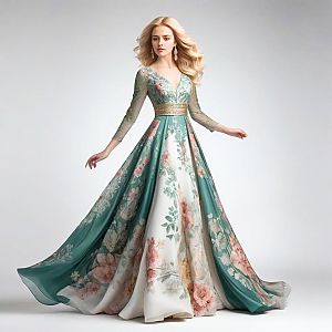 Elegant Woman in Floral Teal Gown